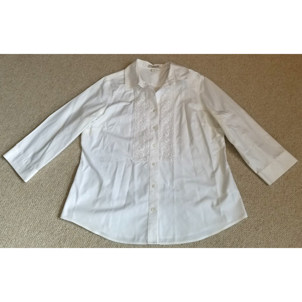 Womens Top-COLDWATER CREEK-white cotton 'No Iron' crochet trim Cottagecore-L